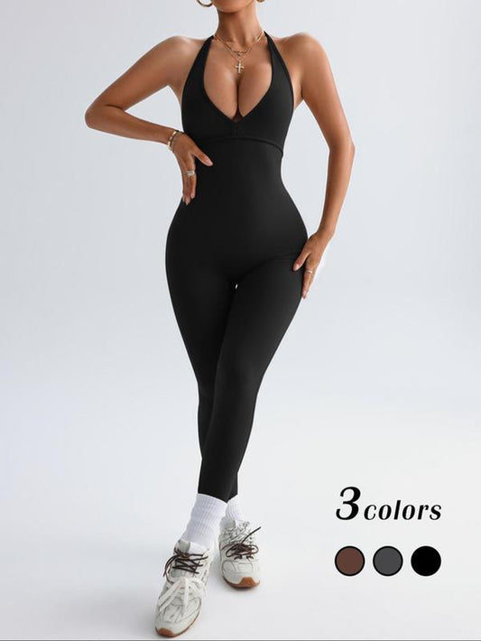 Women'S Solid Halter Neck Backless Sports Jumpsuit, High Stretch Seamless Sleeveless Jumpsuit for Yoga Gym Workout, Sporty Jumpsuit, Yoga Jumpsuits, Ladies Sportswear for All Seasons