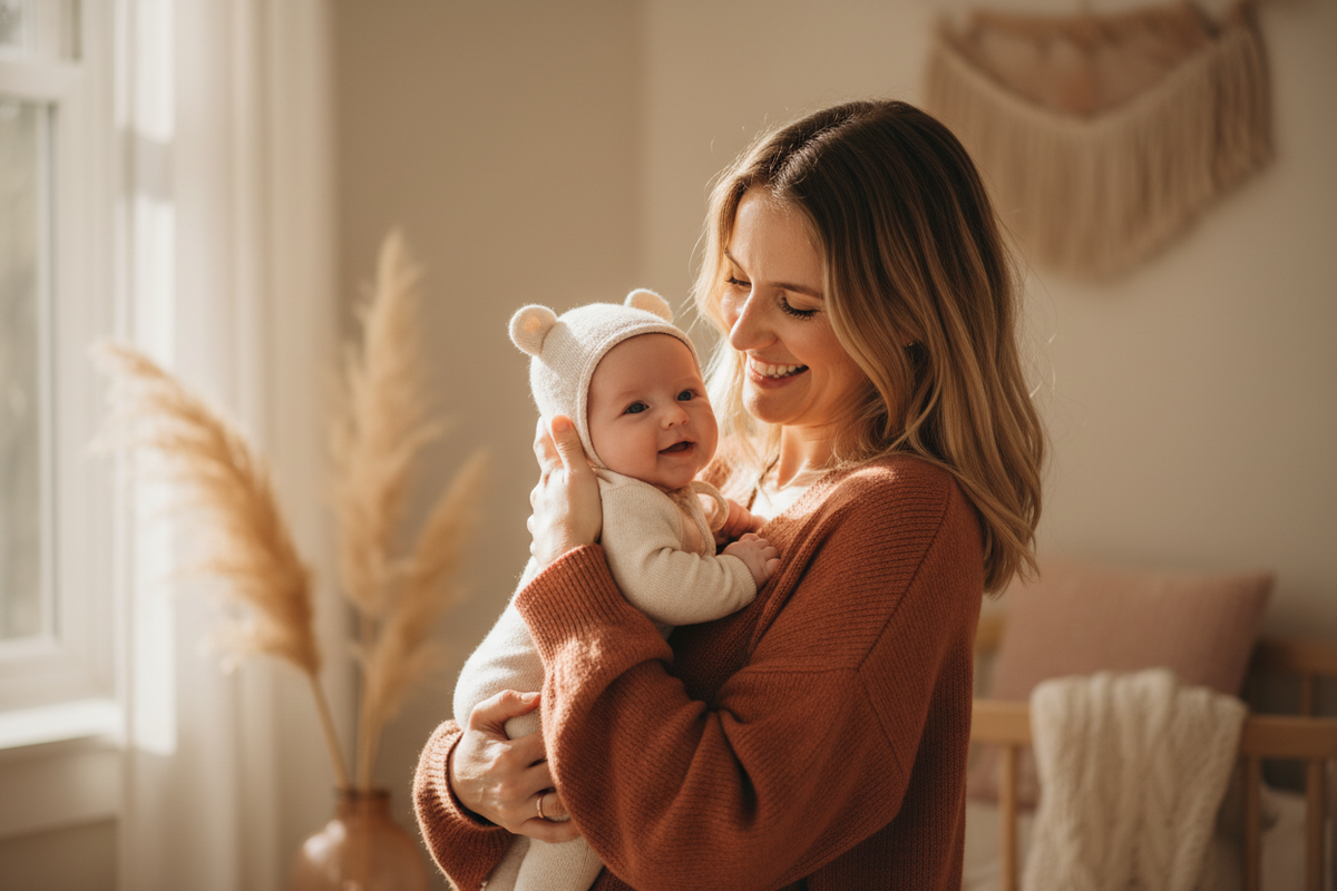Woman holding baby smiling